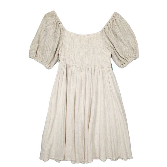 NWT Umgee Women's L Beige Crochet Puff Sleeve Smocked Linen Babydoll Dress Boho - Picture 3 of 9